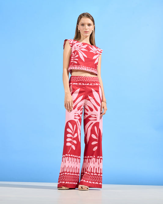 Graphic Botanical Print Wide-Leg Trousers