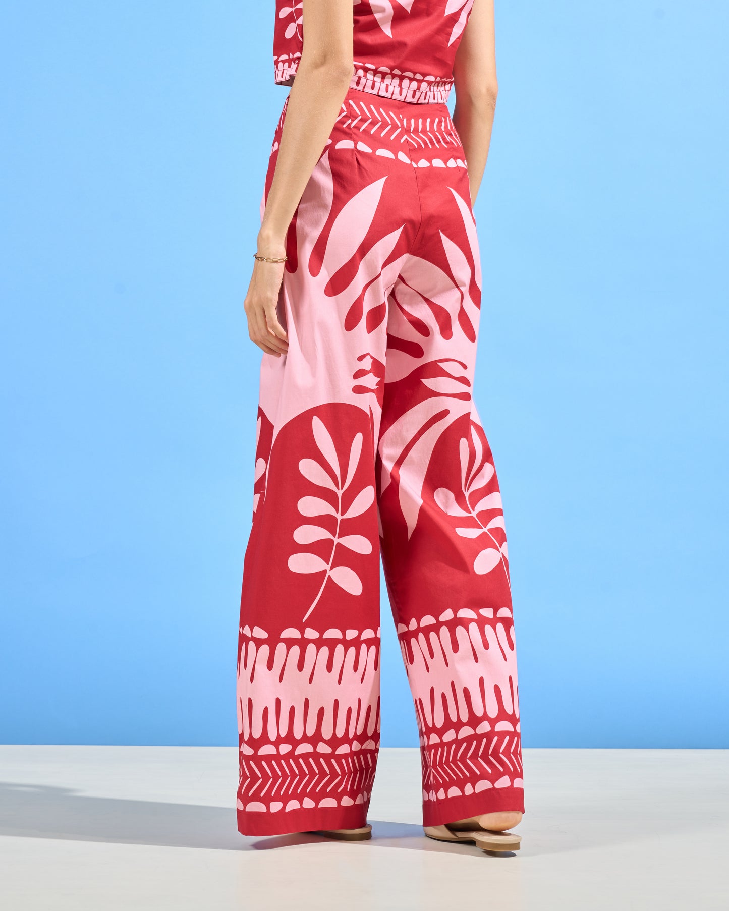 Graphic Botanical Print Wide-Leg Trousers