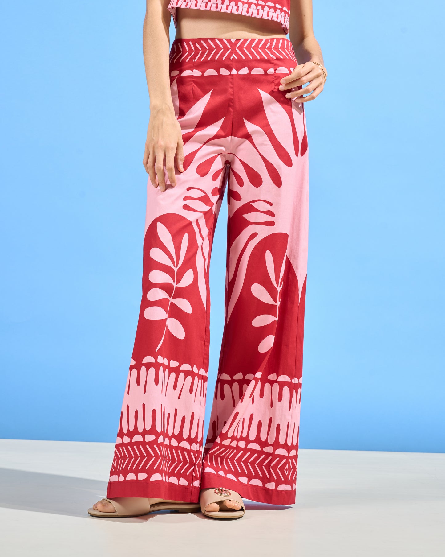 Graphic Botanical Print Wide-Leg Trousers