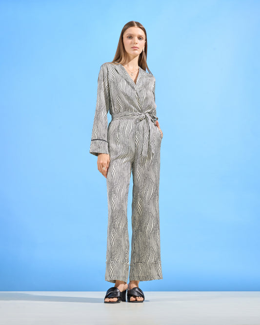 Wavy Dot Print Wide-Leg Trousers