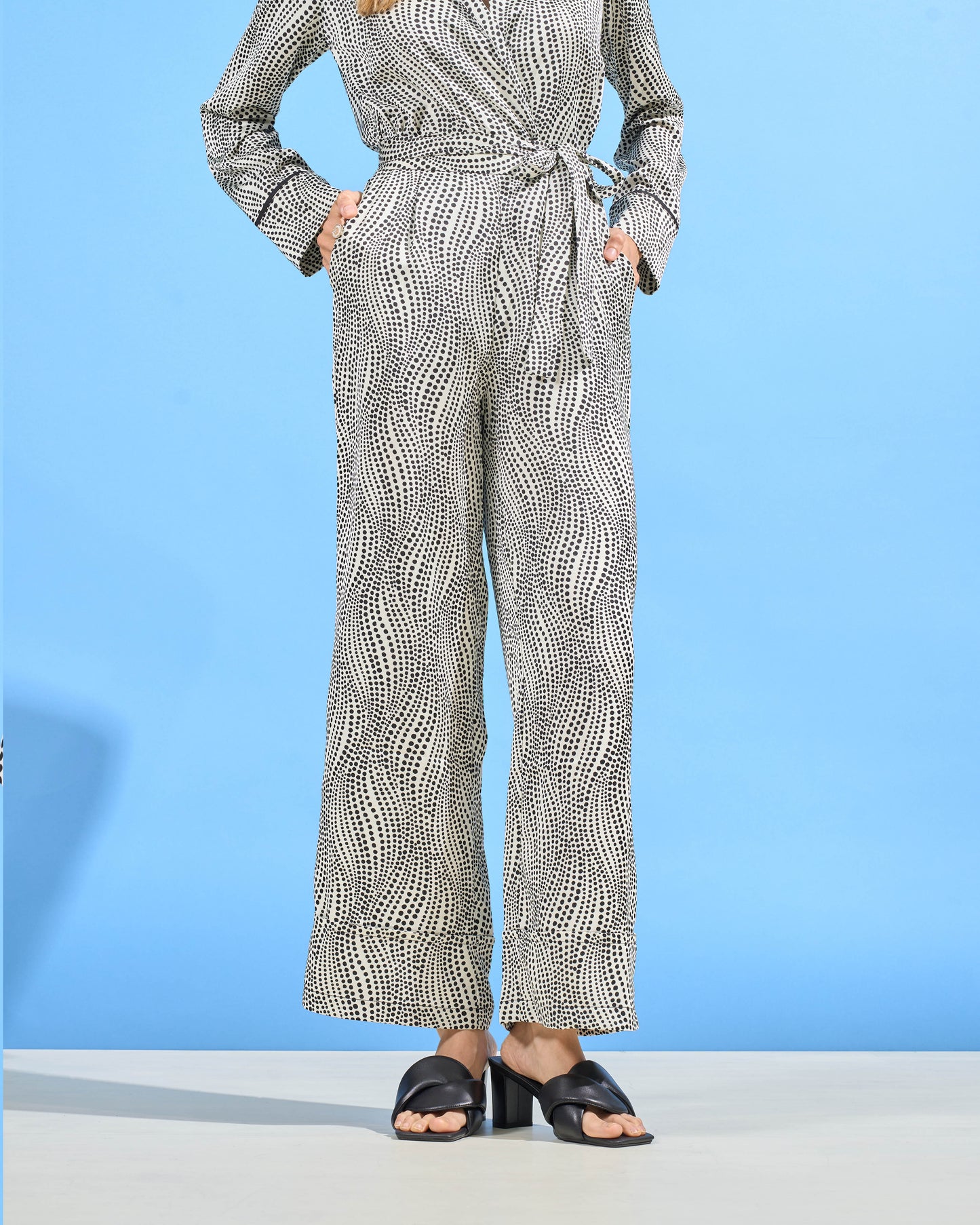Wavy Dot Print Wide-Leg Trousers