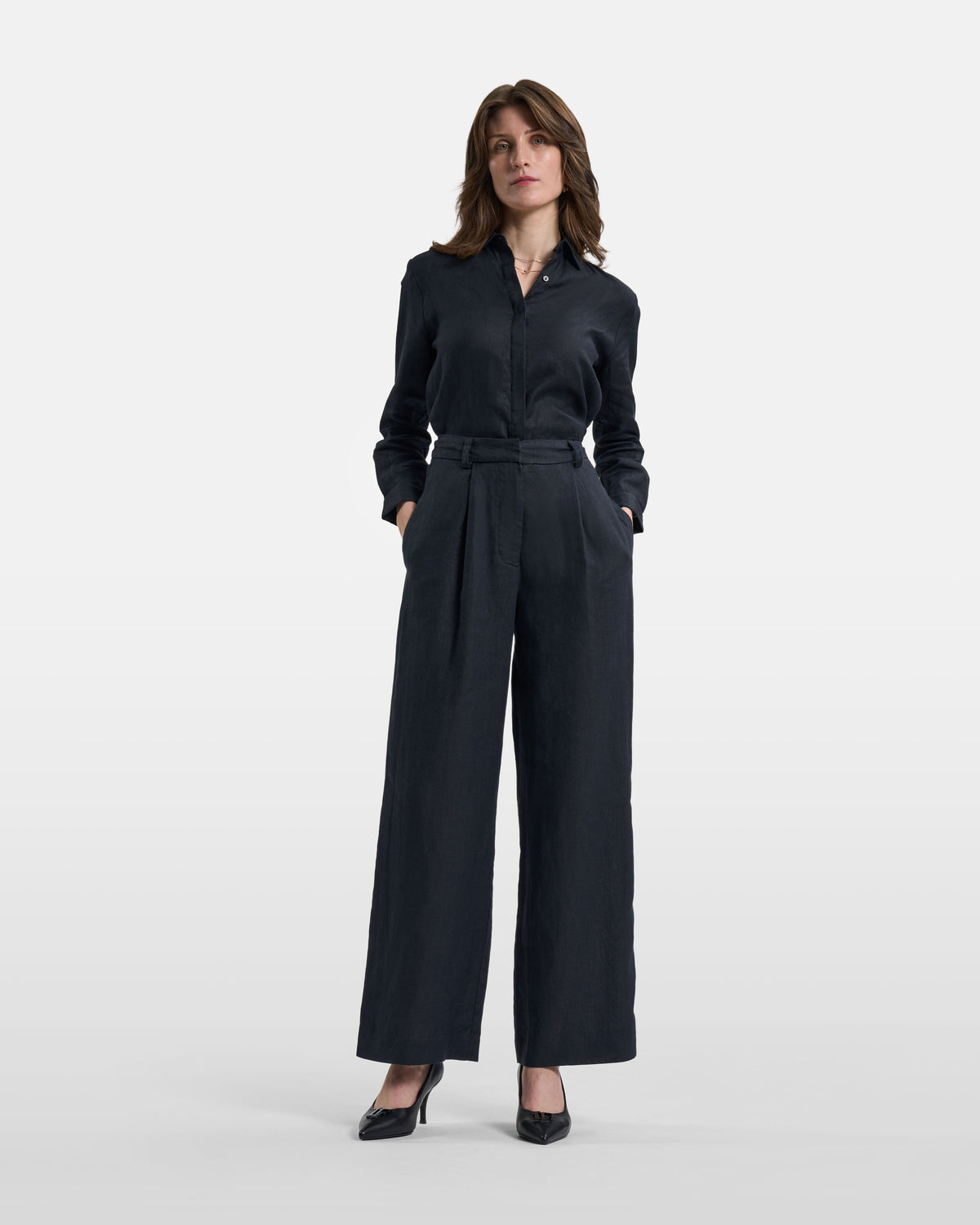 Charcoal Pleated Wide-Leg Linen Trousers