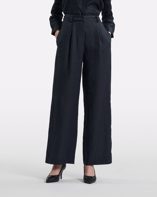 Charcoal Pleated Wide-Leg Linen Trousers