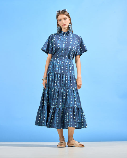 Indigo Heart Print Tiered Skirt