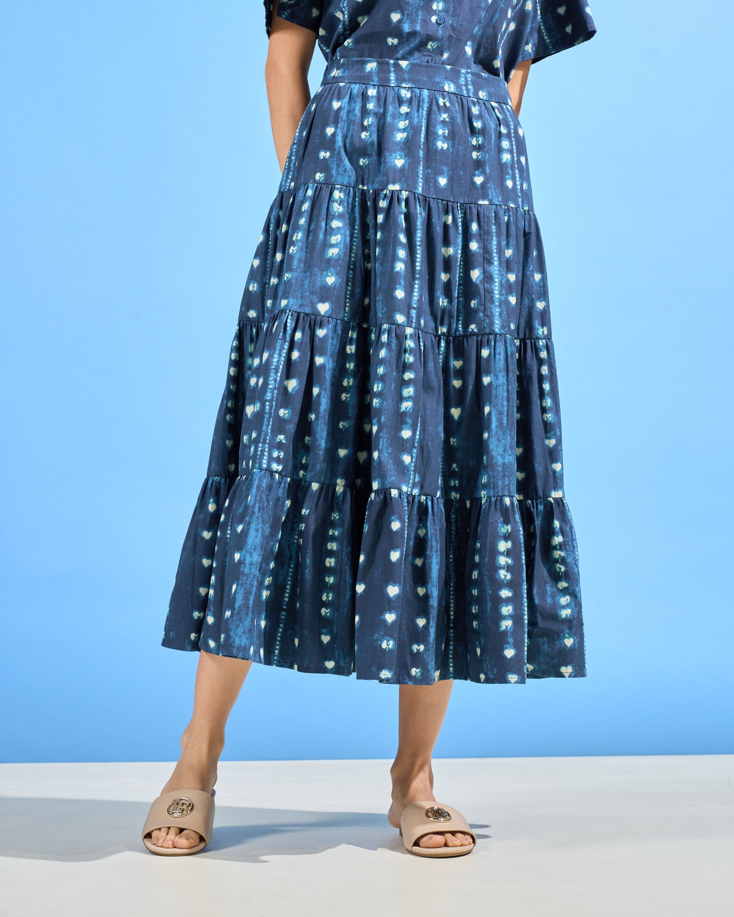 Indigo Heart Print Tiered Skirt