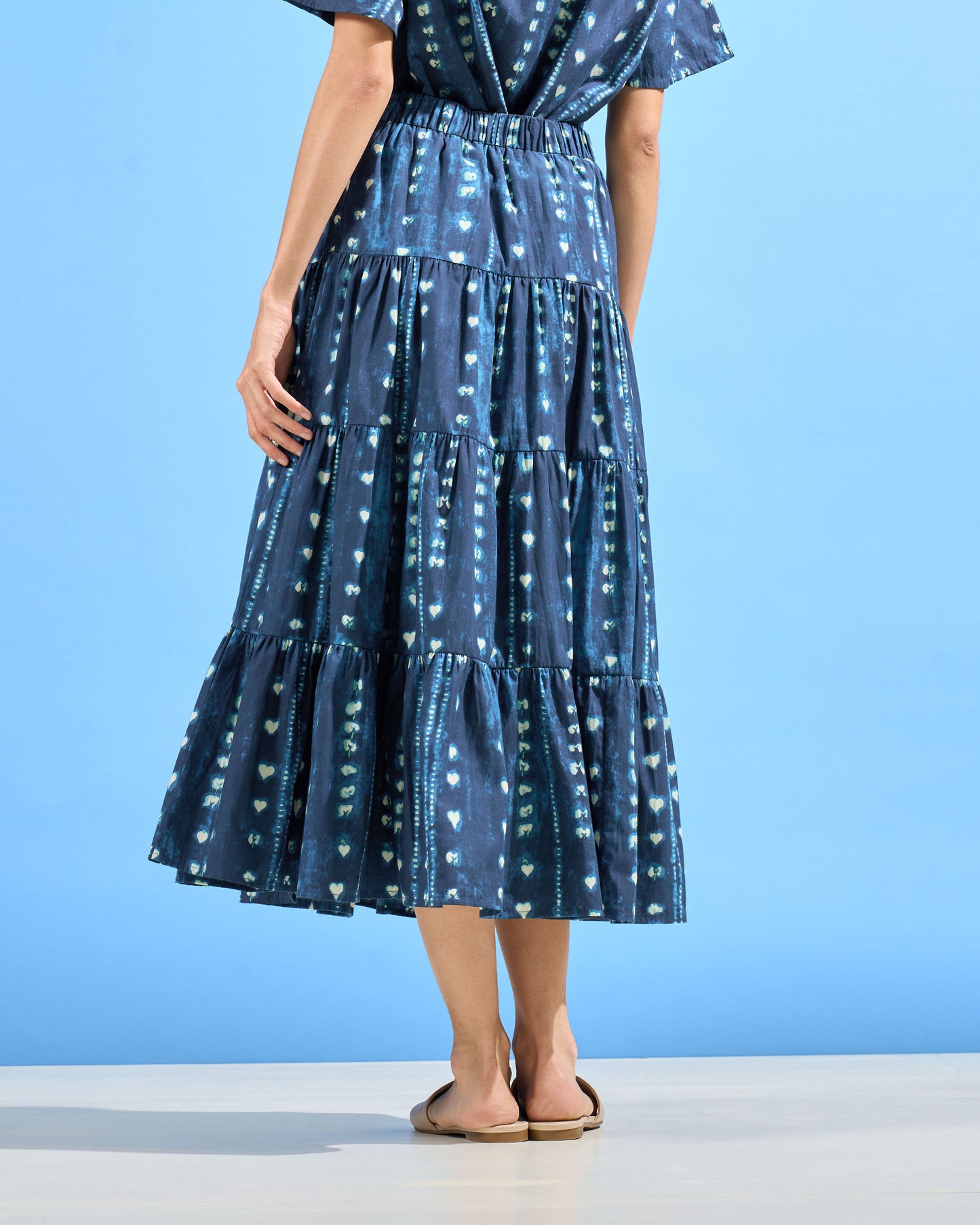 Indigo Heart Print Tiered Skirt