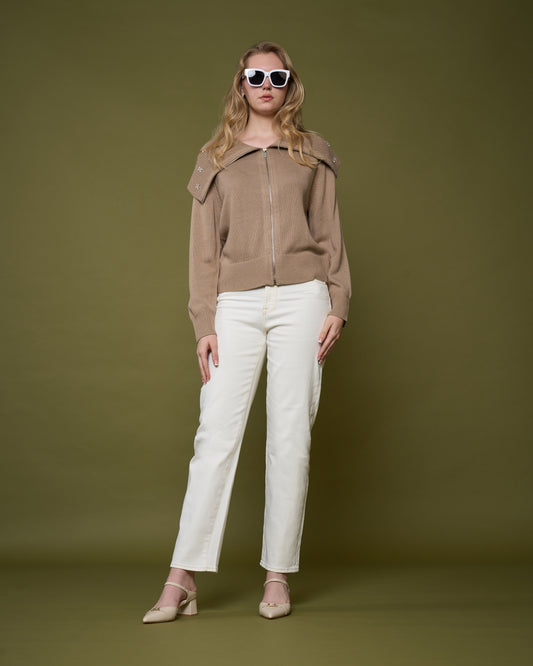 Embellished Wide-Collar Sweater