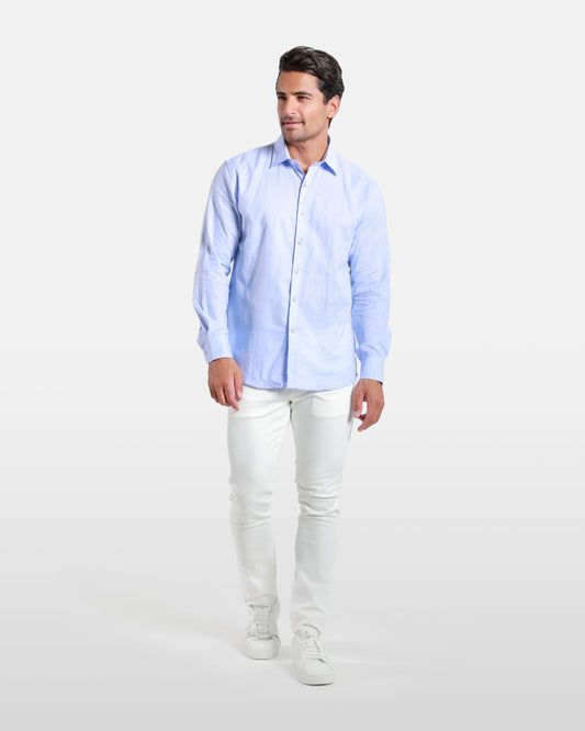 Blue Linen-Blend Long Sleeved Shirt