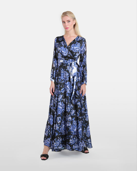 Rose Floral Print Belted Maxi Dress