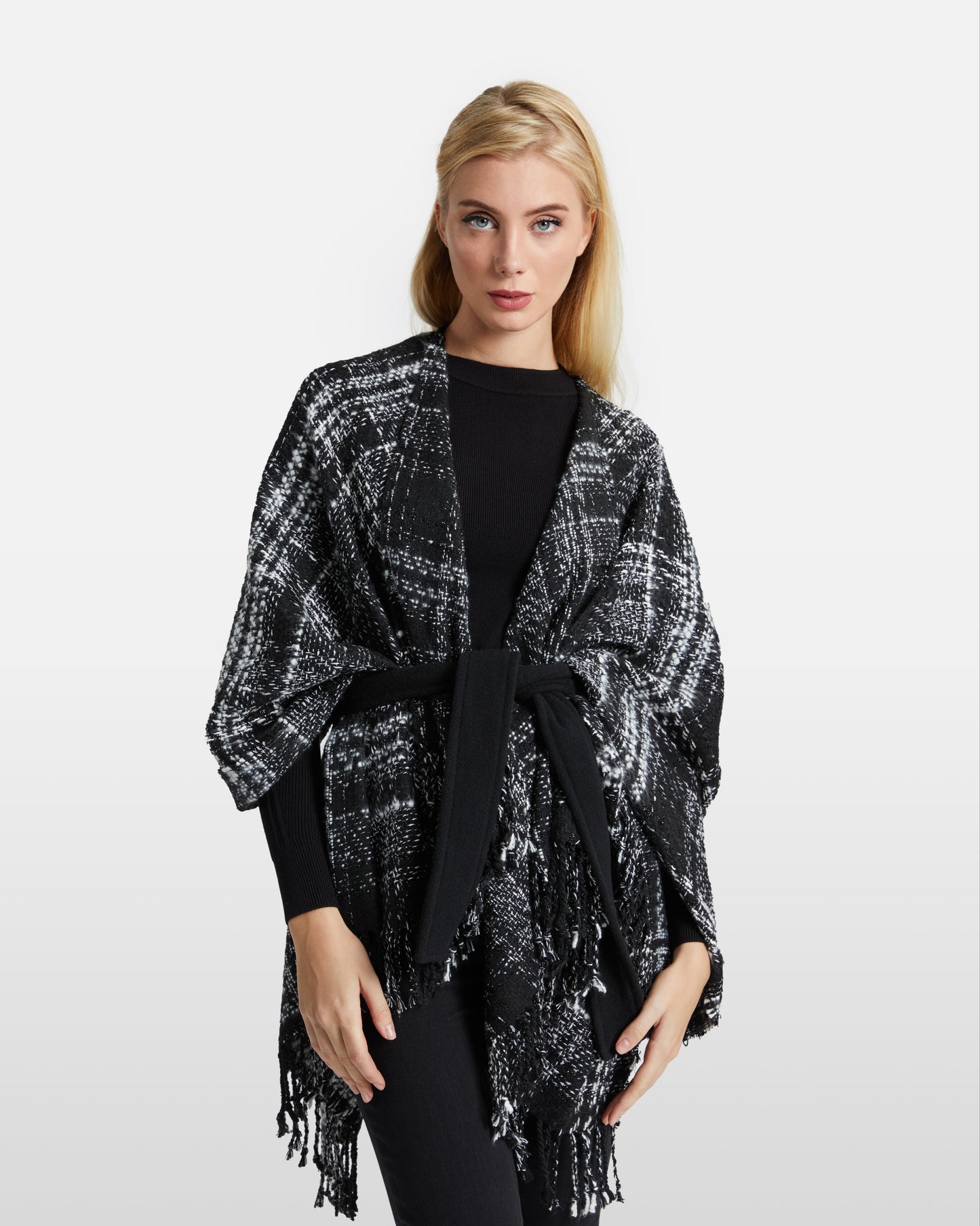 Monochrome Tweed-Like Poncho