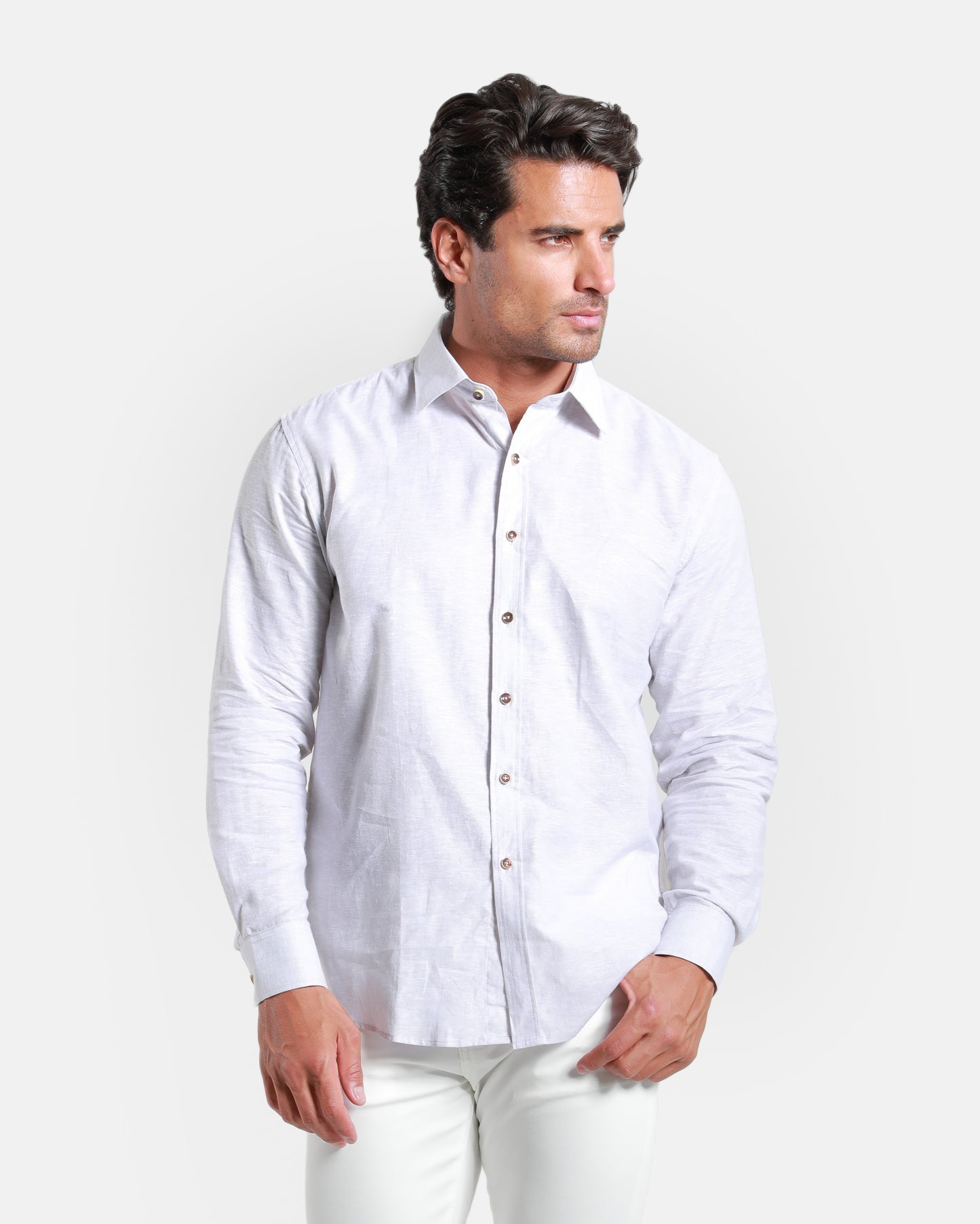 Beige Linen-Blend Long Sleeved Shirt